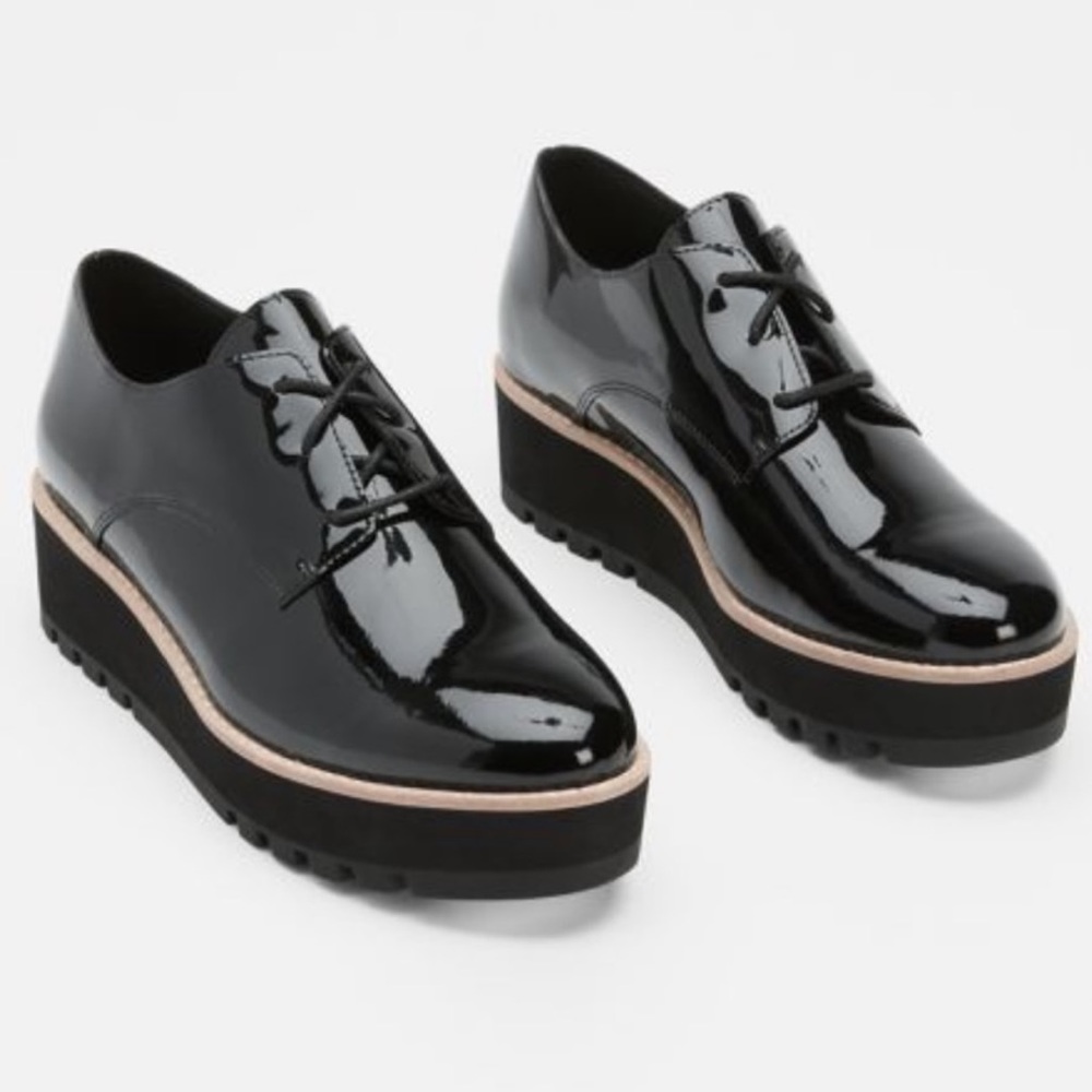 Eileen Fisher Eddy Black Patent Leather Platform Oxfords NWOT | 9